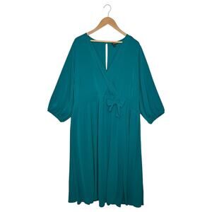 Torrid Dress Womens 3 Midi V Neck Bow Front Elastic Waist 3/4 Puff Sleeve Green